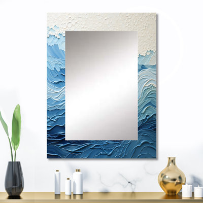 Vagues modernes bleues et blanches de la côte I - miroir mural côtier, miroir décoratif bleu, impression d'art en métal