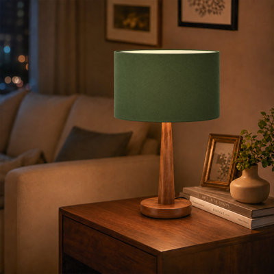 18.5" Modern Solid Wood Table Lamp with Green Fabric Drum Shade and Stepless Dimmer, UL‑Listed for Bedside, Home Office, Study Room or Living Room Ambient Light