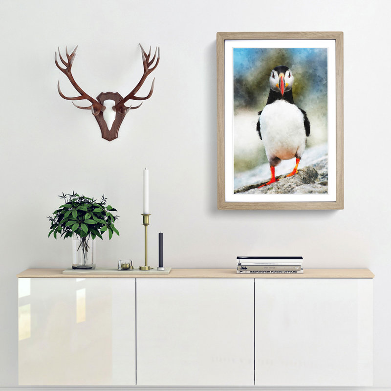 Lone Atlantic Puffin - Framed Print, 63cm H x 45cm W x 2cm D, Oak Framed