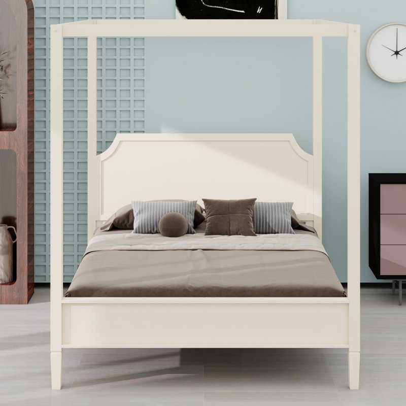 Lit plateforme à baldaquin avec tête de lit et pieds de support, Blanc crémeux