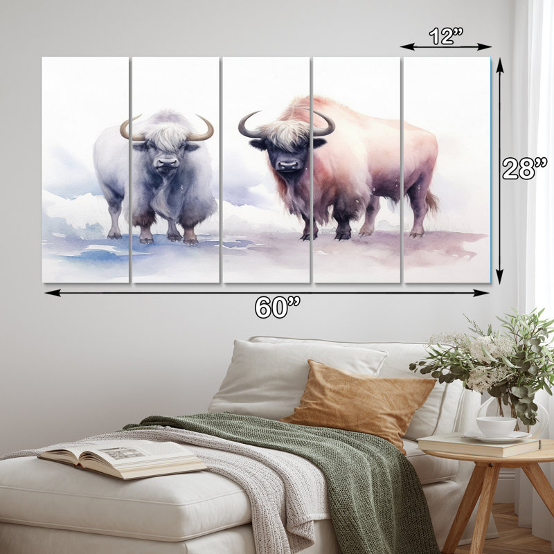 Yak domestique I - animaux, art mural sur toile - 5 panneaux égaux