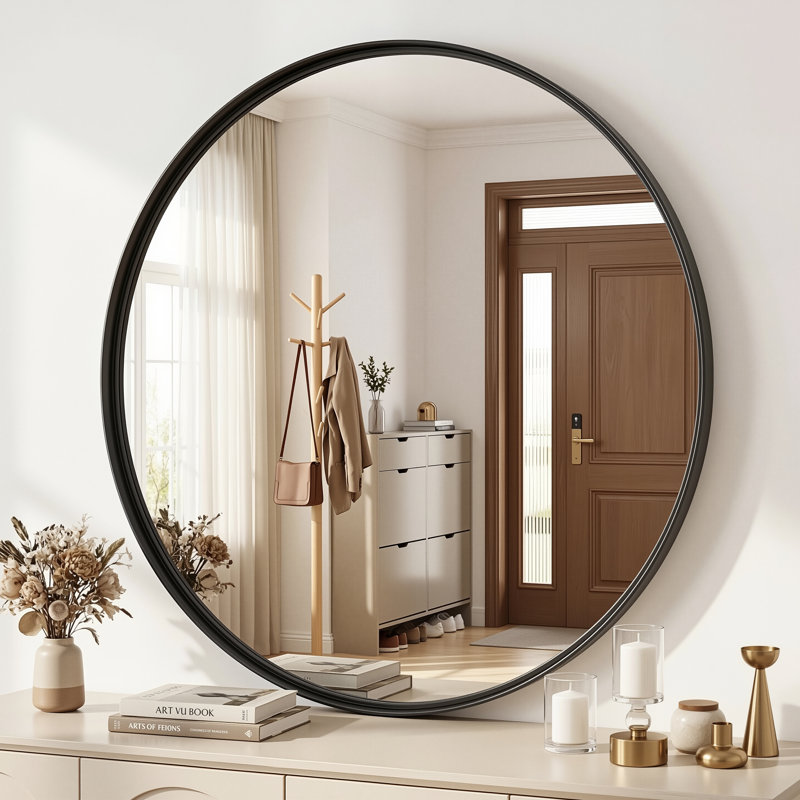 Round Bathroom Vanity Mirror with Aluminum Alloy Frame, Circle Mirrors for Wall, 36", Black
