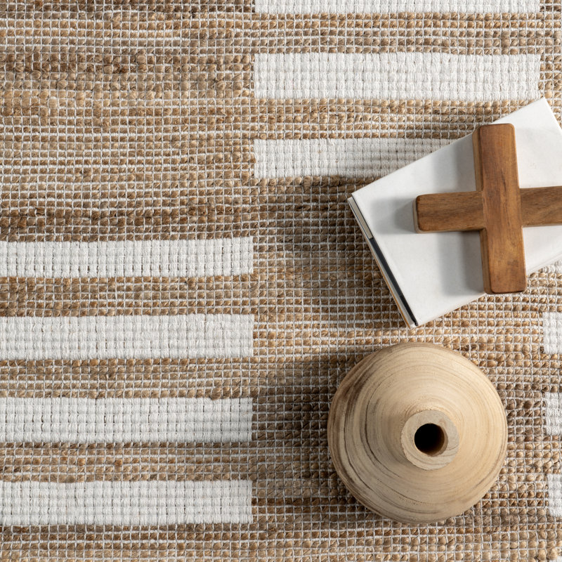 Natural Tan and White Striped Cotton Jute Rug, 4' x 6'