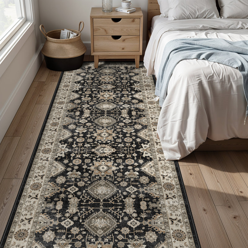 Washable Hallway Rug: Non Slip Rugs with Rubber Backing Soft Kitchen Rug Farmhouse Distressed Carpet Runner for Living Room Bedroom Bathroom (Black)