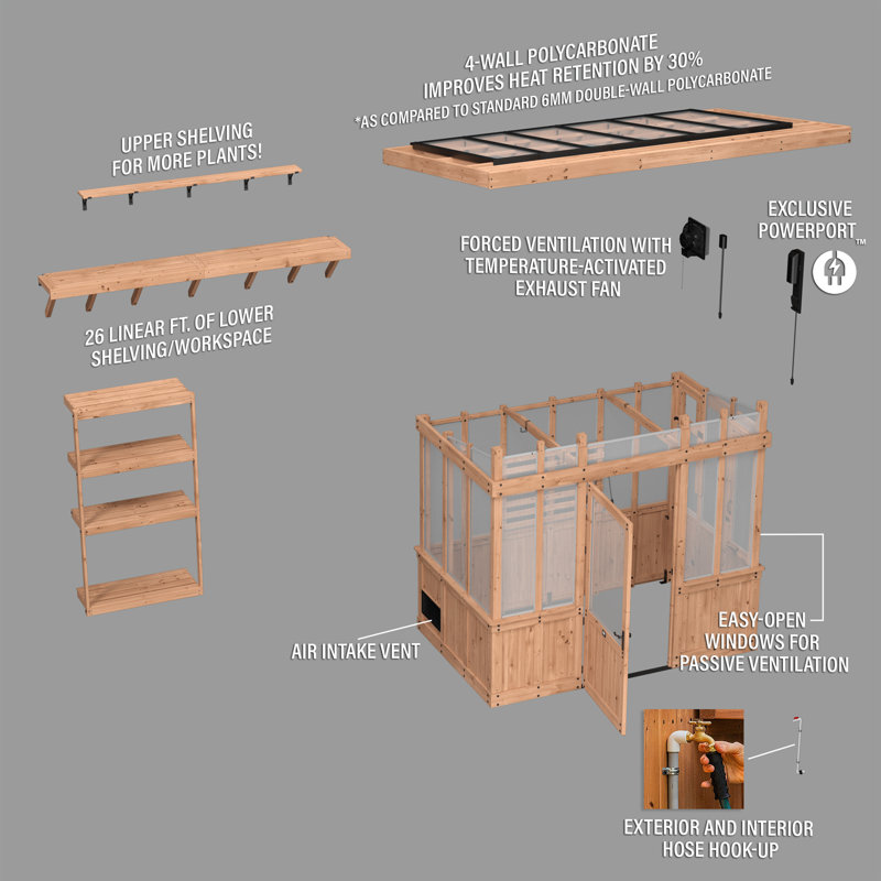Backyard Discovery Poppy 9' x 6' Cedar Wood and Polycarbonate Walk-In Outdoor Greenhouse Kit with PowerPort