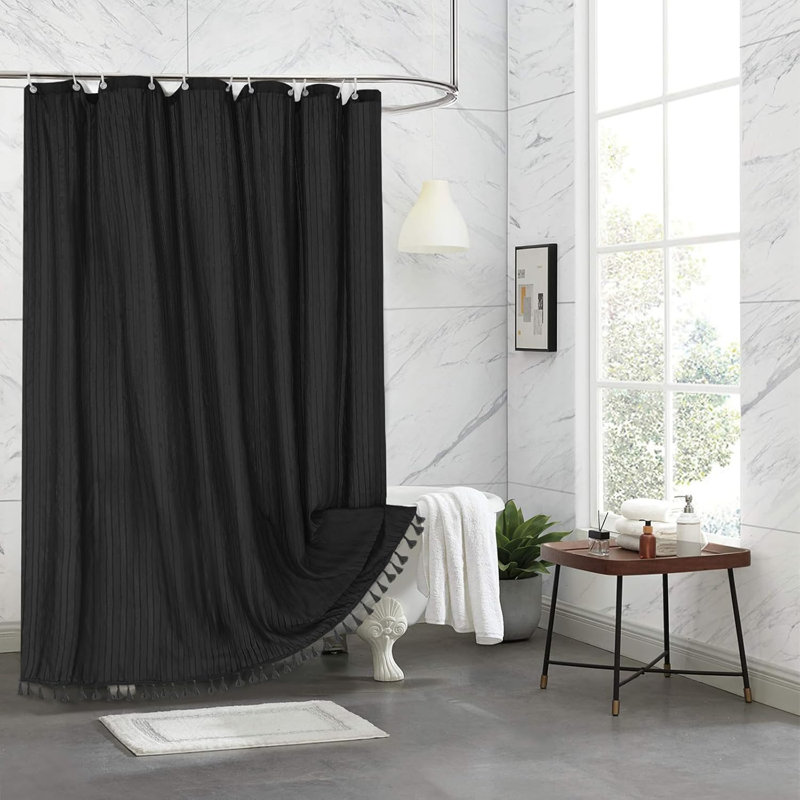 Boho Shower Curtain With Textured Vertical Stripes And Tassel Details - Jacquard Cloth Fabric With Rust-Resistant Button Holes For Modern Farmhouse Or Bohemian Bathroom Decor