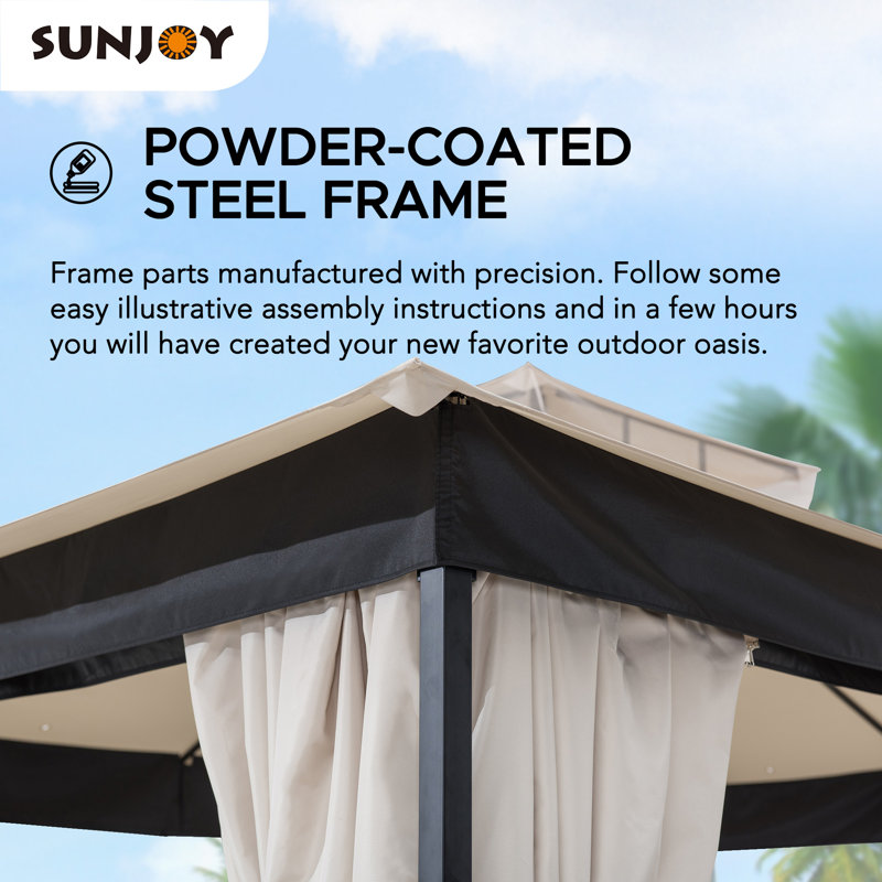 Sunjoy 11 x 13 ft. Gazebo with 2-Tier Hip Canopy Roof, Steel Frame Soft top Gazebo with Curtain and Mosquito Netting