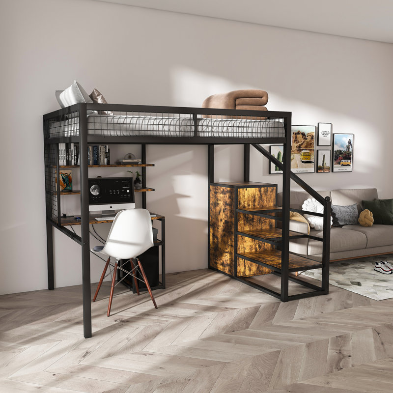 Full-Size Loft Bed with Desk, Wardrobe, and Built-In Staircase - Heavy Metal Frame, Storage Rack, and Charging Station for Adults and Teens
