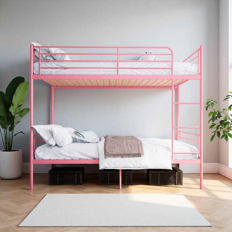 Bunk Bed With Ladder And High Guardrail,Twin Over Twin Size, Pink
