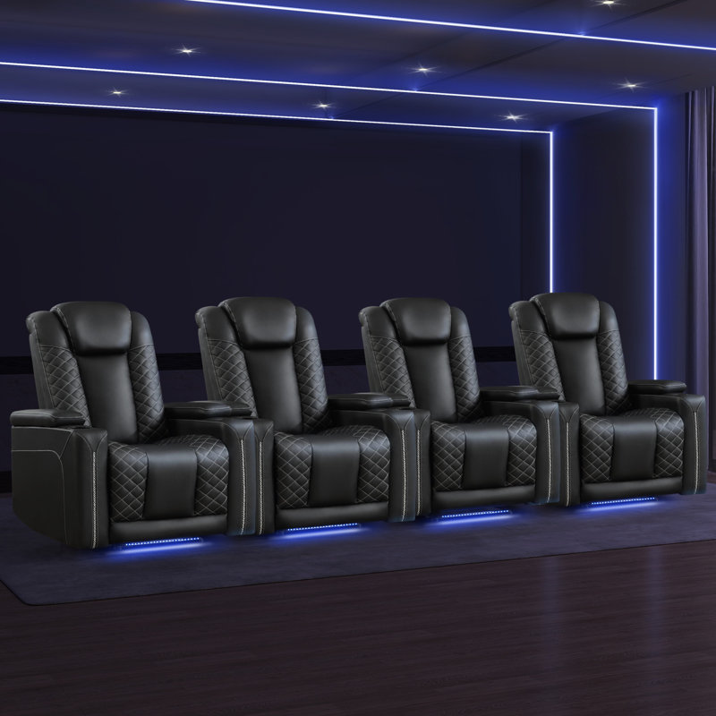 Siège de cinéma inclinable électrique moderne en cuir synthétique de 35,4 po de largeur avec porte-gobelets, Noir