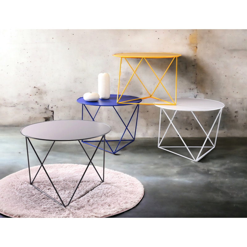 Table grise en métal pour tout espace, avec plateau de table rond et pieds triangulaires, Gris