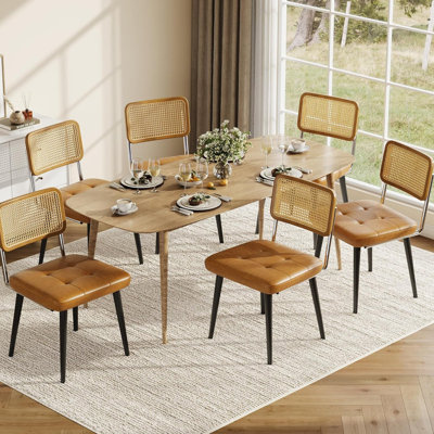 Ensemble de 6 chaises de salle à manger en rotin, siège rembourré en cuir de polyuréthane avec dossier en rotin, chaises d'appoint sans accoudoirs pour le salon de la cuisine