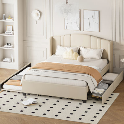 Lit plateforme tapissier avec tête de lit à oreilles, lit gigogne simple et 2 tiroirs pour un sommeil confortable et un rangement efficace, aucun sommier nécessaire