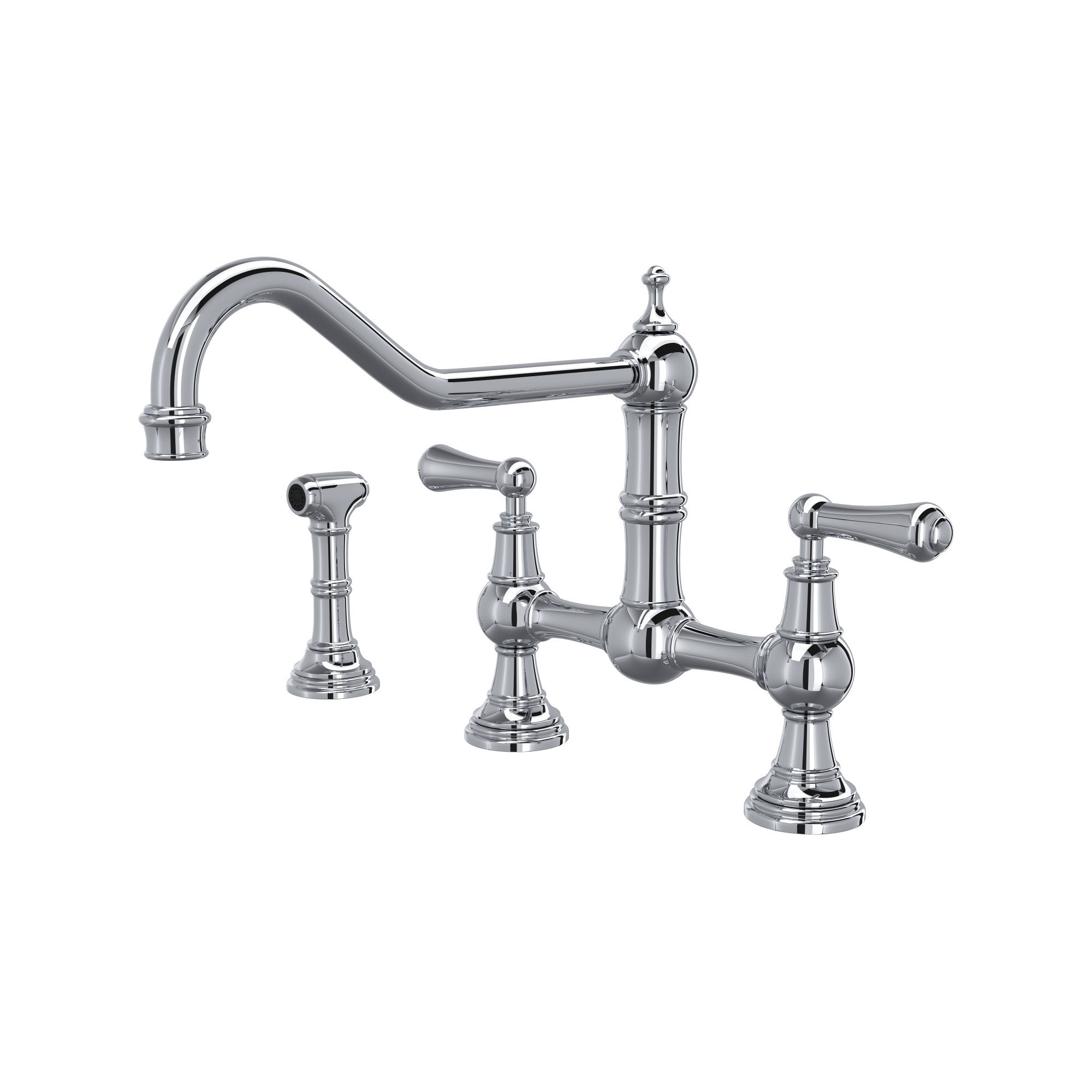 Polished Chrome Edwardian™ Perrin and Rowe® Provence Two Handle Widespread  Bridge Faucet with Side Spray Rinse (Part number