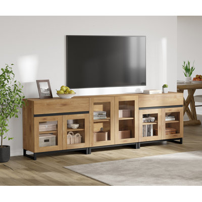 Modern TV Stand For Tvs Up To 100 Inch, 3 In 1 TV Console With Glass Doors And 2 Drawers, Entertainment Center With Adjustable Shelf For Living Room, Bedroom