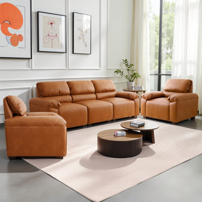 Ensemble de canapés en similicuir 3 pièces pour salon, chambre à coucher, canapés modulaires surdimensionnés avec pieds en bois, canapé 3 places et 2 canapés simples