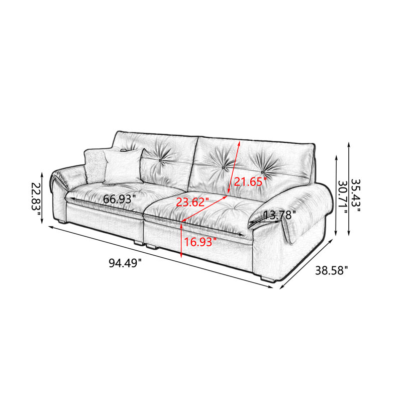 Black Genuine Leather Standard Sofa cushion Loveseat, H 35,43 po x l 94,49 po x P 38,58 po, Black