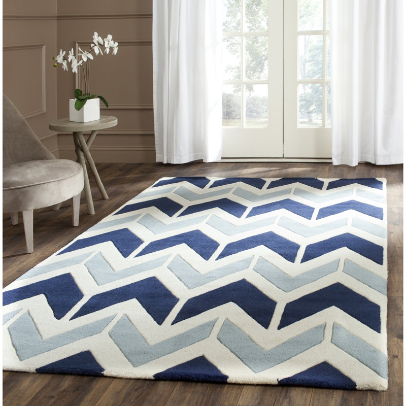 Tapis bleu foncé / bleu clair / blanc en laine touffeté à la main Sanaz, Rectangle 8 pi x 10 pi