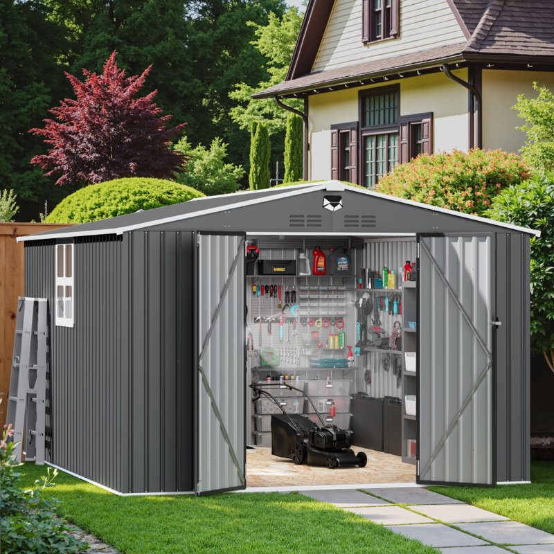 10X12ft Lockable Black Metal Shed With Built-In Window And Portable Tool Light - Spacious & Well-Lit Storage Solution