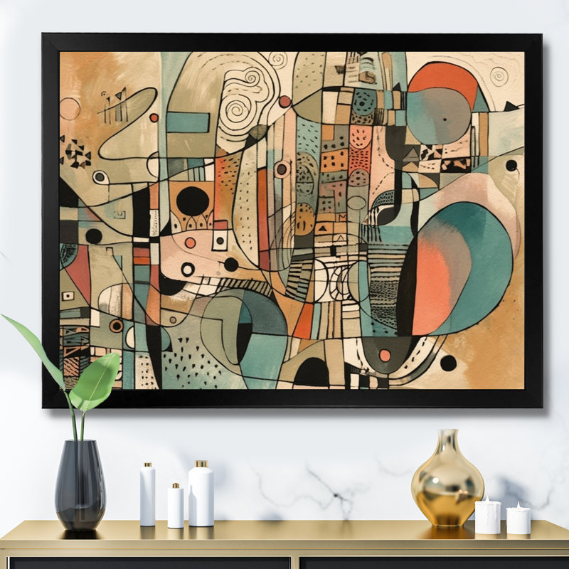 «Golden Mid Century Boho», art mural abstrait minimalisme, Cadre photo unique, H 34 po x l 44 po, Noir