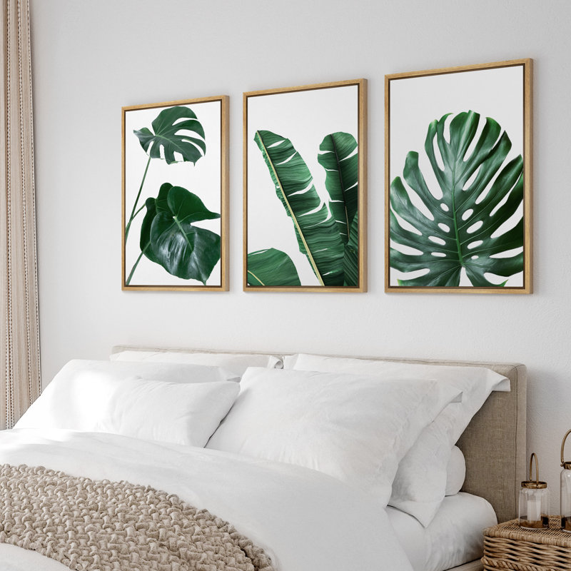 Minimal Botanical Vibrant Green Monstera and Banana Leaf Trio Botanical, H 36 po x l 72 po, Impression encadrée, Naturel