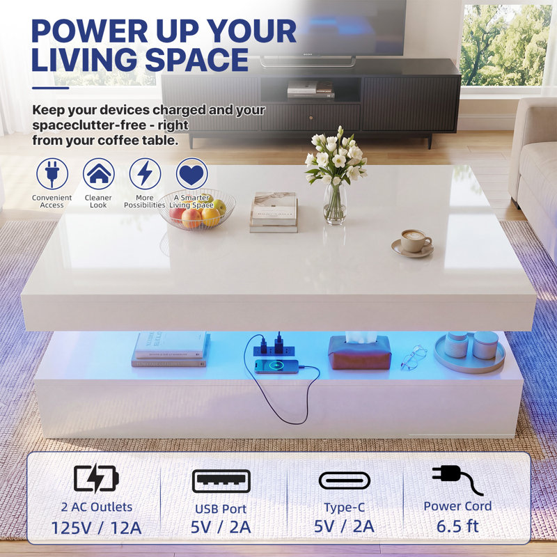 Table basse 47 po à DEL ultrabrillante moderne avec 2 tiroirs coulissants, station de charge intégrée et conception double couche