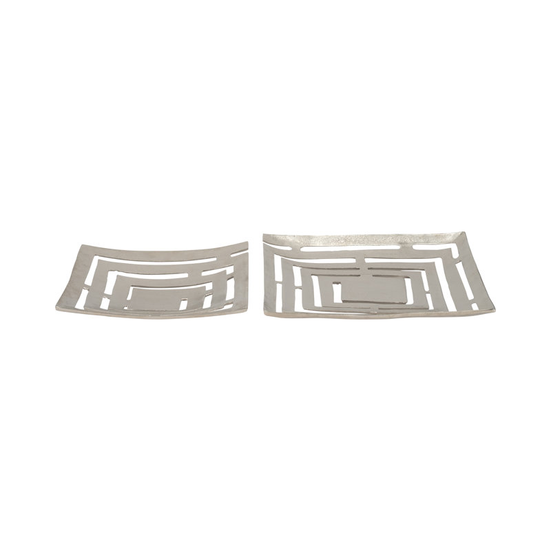 Modern Metal Aluminum Tray and Plate Set with Decorative Cut-Out Design, Contemporary Square Style Accent Display, Durable Lightweight Structure, Nesting Plate for Versatile Styling Set of 2