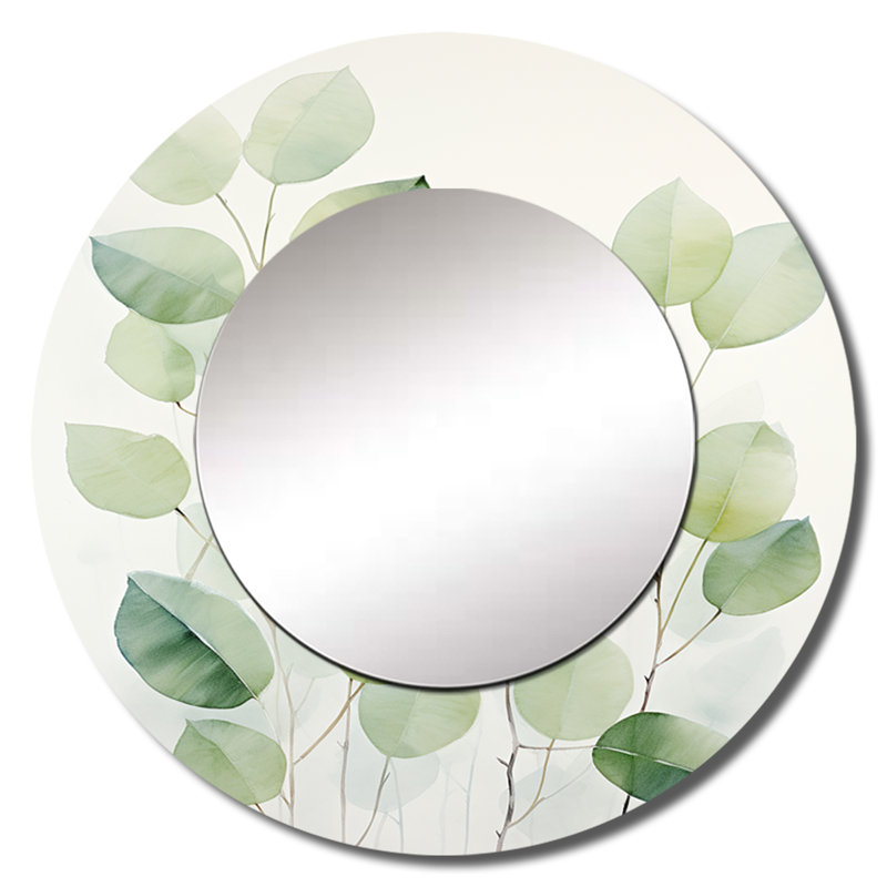 Green Leaves Scenery Minimalism I - Leaves Large Mirror, Green Round Decorative Wall Mirror, Printed Metal Art, 29" x 29"