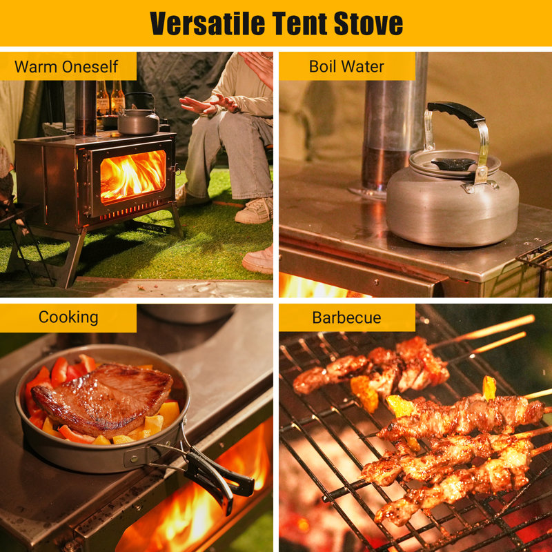 Camping Wood Stove Stainless Steel Wood Burning Stove with Pipes and View Glass Tent Stove with Carrying Bag With Grill Grate