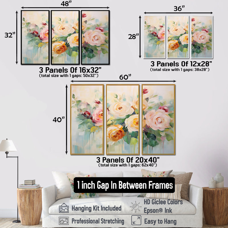 Royalston - Ensemble d'art mural roses, H 28 po x l 36 po x P 1 po, Cadre flottant noir