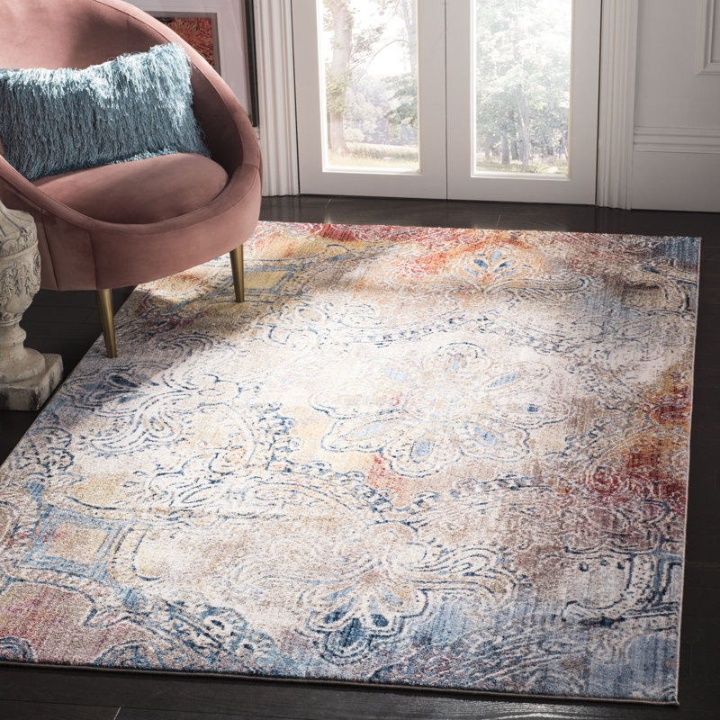 Tapis bleu / rouge à motif floral Massad, Rectangle 4 pi x 6 pi