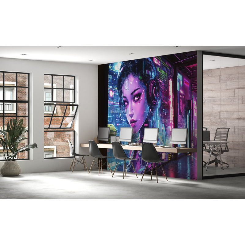 Peinture murale Cyberpunk Girl Neon Glow, L 100 po x l 100 po, Non tissé