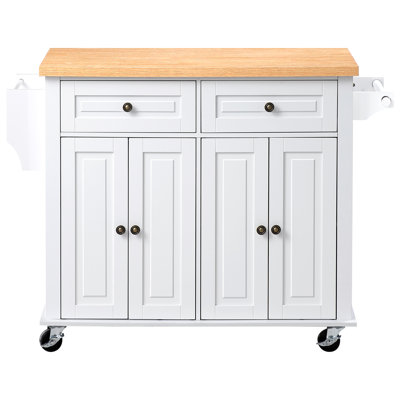 Îlot de cuisine avec rangement, îlot de rangement mobile sur roulettes pivotant de 43,7 po de largeur, avec 2 tiroirs, armoire de rangement, porte-épices / serviettes, crochets, table pour la salle à manger à la maison, blanc