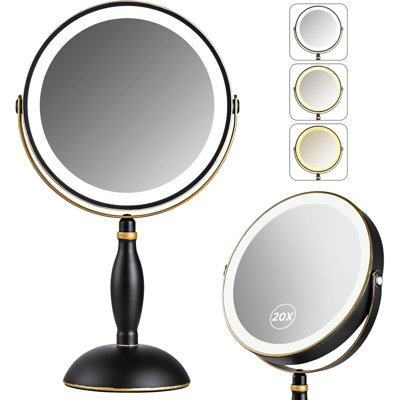 Miroir de maquillage éclairé, miroir de meuble-lavabo double avec loupe rechargeable 20x, 3 lumières de couleur avec luminosité réglable, noir mat avec bordure dorée, touche latérale de style moderne + charge latérale, cadeau pour femme