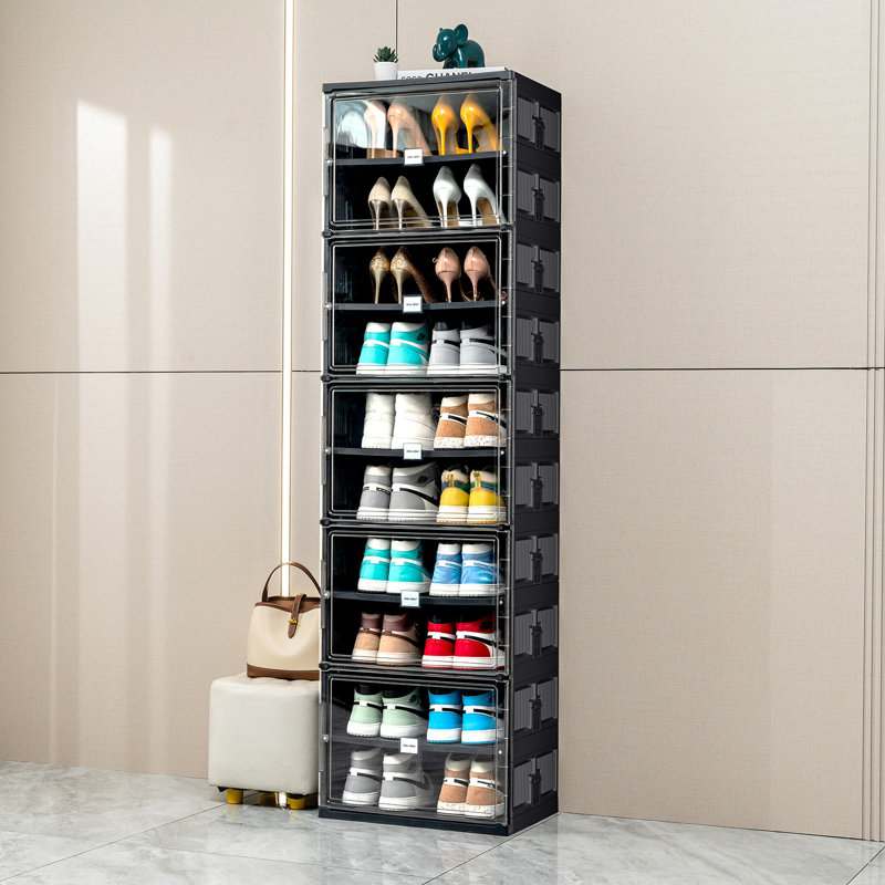 10 Tiers 20 Pairs Portable Shoe Organizer Storage Boxes With Magnetic Door, Free-standing Folding Shoe Rack For Closet Entryway Fits Size 12