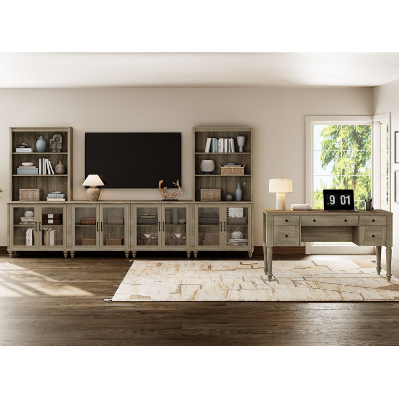 Living Room Table Set 56" Farmhouse Desk & 75" TV Stand With Bookshelves, Morden Home Office Desk With Glass Door Storage Cabinet, Wooden Computer Desk With File Drawers For Home Office, Wash Grey