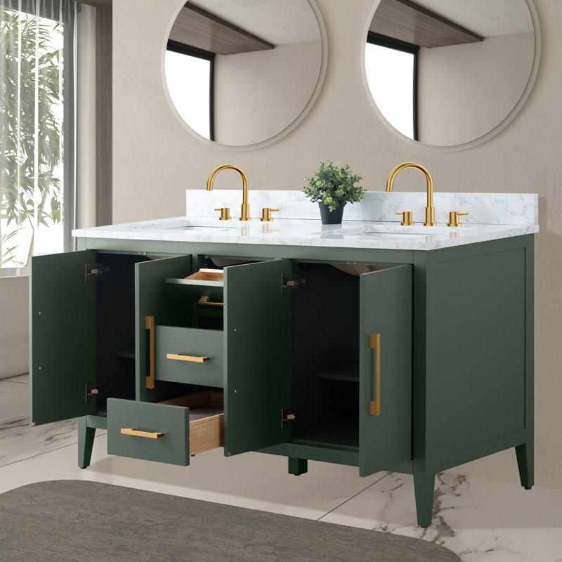 60" Double Bathroom Vanity Set, Golden Brushed, Vintage Green