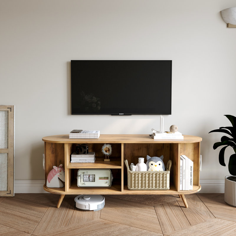 Meuble télé avec prises de courant, conception cannelée pour téléviseur de 55 po ou moins, console moderne avec grand rangement et portes coulissantes, idéale pour le salon et la chambre à coucher