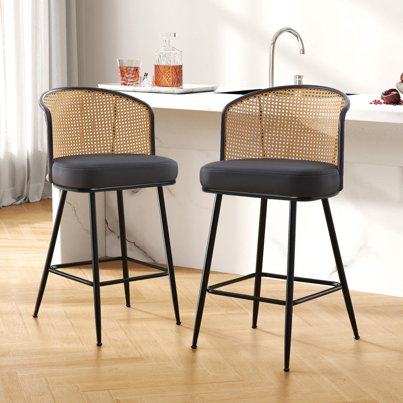 Tabouret rembourré Cane, Tabouret de comptoir (siège d'une hauteur de 26 p, Noir, 2