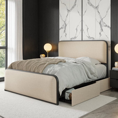 Modern Queen Bed Frame with Upholstered Headboard & Footboard - Gold & Beige, Includes 4 Storage Drawers & Heavy-Duty Metal Slats