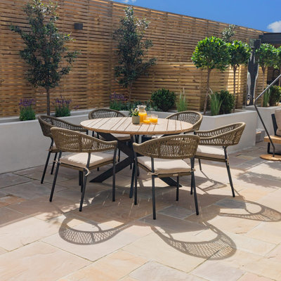 Adero Rope Weave 6 Seat Round Fixed Dining Set / Sandstone