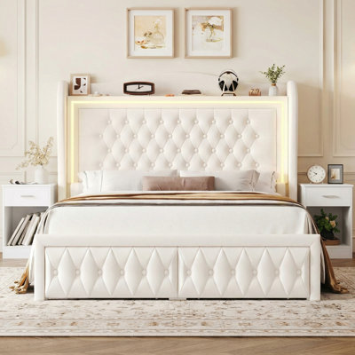Ensemble de chambre à coucher 3 pièces, lit plateforme tapissier en velours avec éclairage à DEL et 2 tiroirs de rangement sous le lit, 2 tables de chevet avec tiroirs