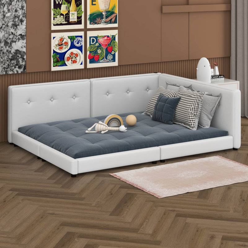 Lit plateforme tapissier moderne avec ports USB, lit de jour avec support à lattes de bois, Grand lit
