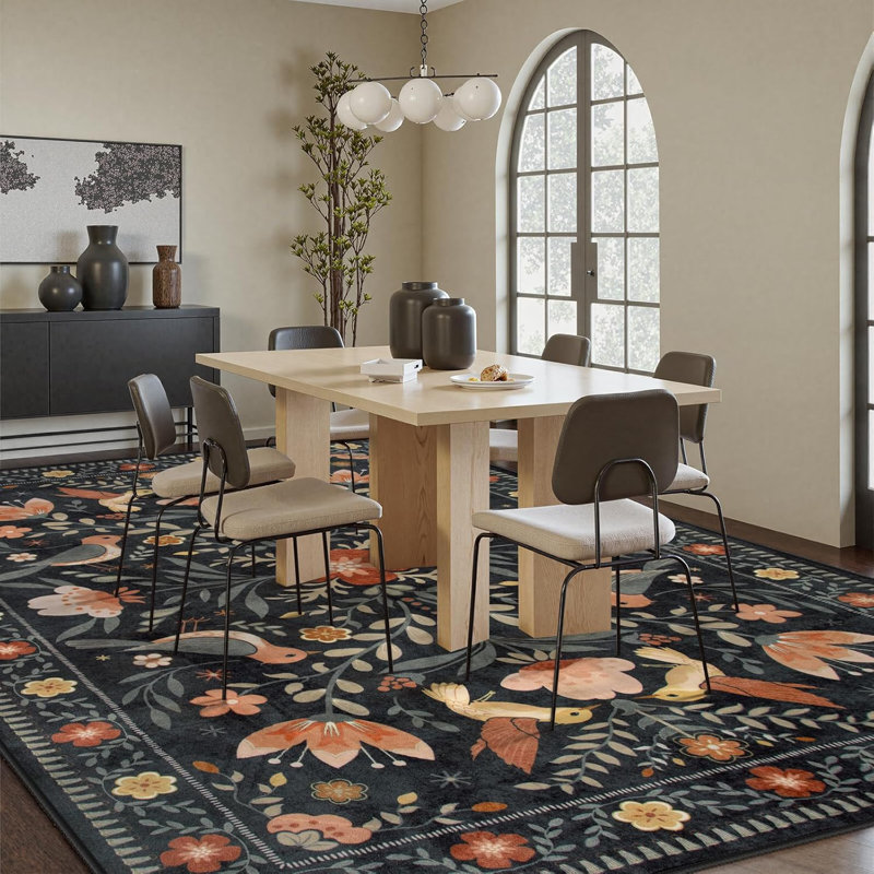 Goldene Boho Bird Area Rug Washable Rugs for Living Room, Large Floral Bedroom Carpet Low-Pile, Rectangle 9' x 12'