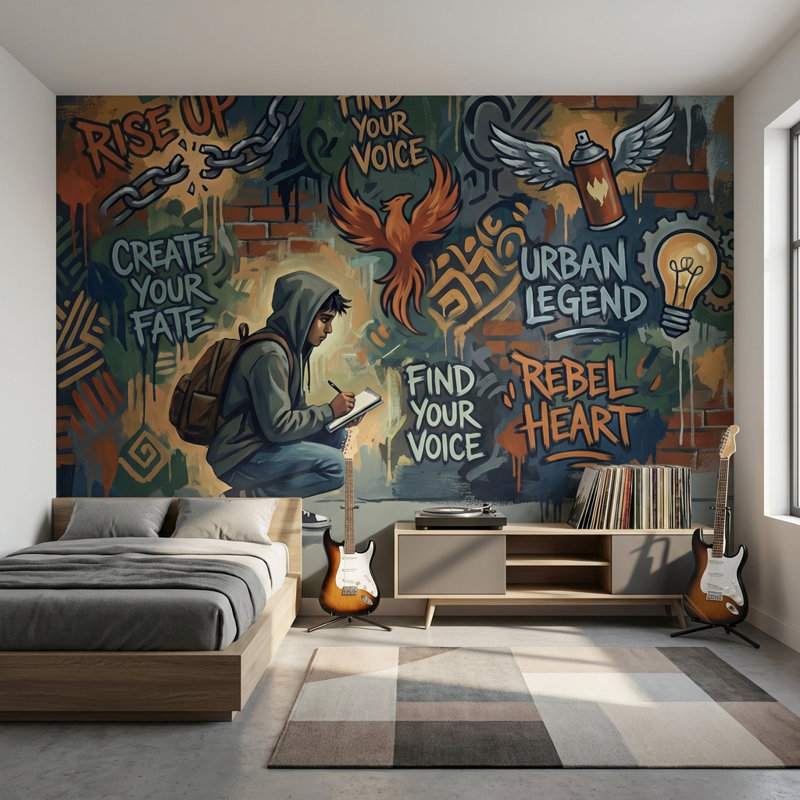 Papier peint graffiti brique, jeune homme énergique, Non tissé, 140 po x 108 po