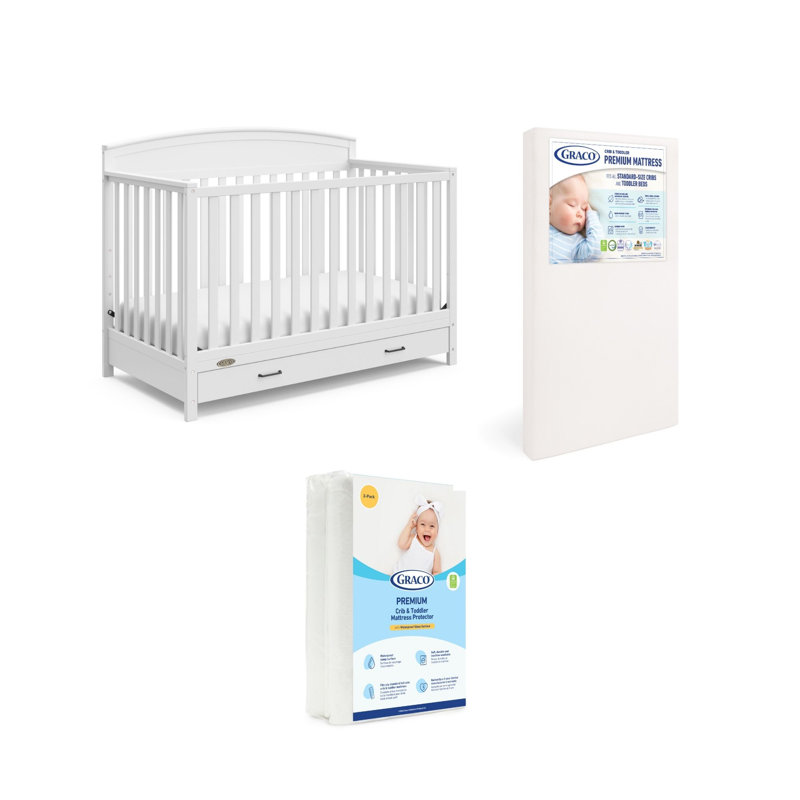 Lit de bébé convertible 5 en 1 avec tiroir Benton, Blanc, Lit de bébé + matelas + protecteur
