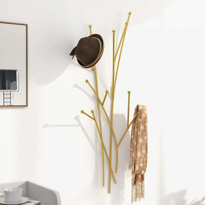 Modern 11-Hook Wall Mounted Coat Rack in Gold with Tree Branch Shape