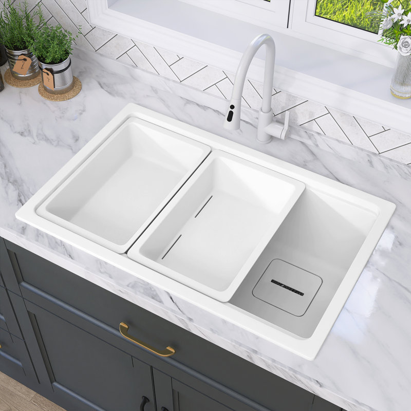 Évier de cuisine en granite simple 30 po x l 19 po avec évier de préparation et passoire - solution de cuisine durable, élégante et multifonctionnelle