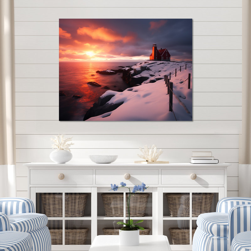 Garde côtière de phare en Alaska II - art mural de phare de plage, Cadre flottant brun, H 16 po x l 32 po x P 1 po