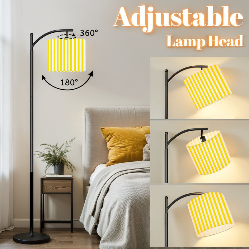 Lampe sur pied à arc avec abat-jour réglable à rayures verticales jaunes Lampe sur pied blanche 3 températures de couleur Lampe à mât haut avec interrupteur au pied pour la chambre à coucher